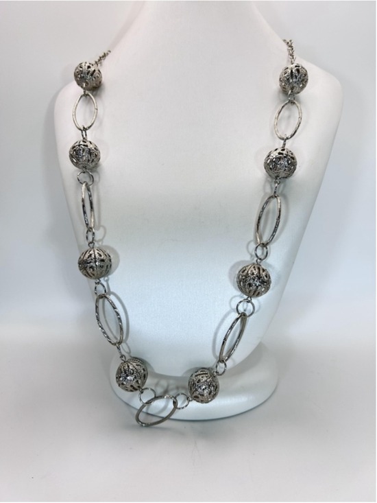 Generic Jewelry - Necklace Silver Tone Filigree Ball Bead Oval Link Chain Statement Beaded